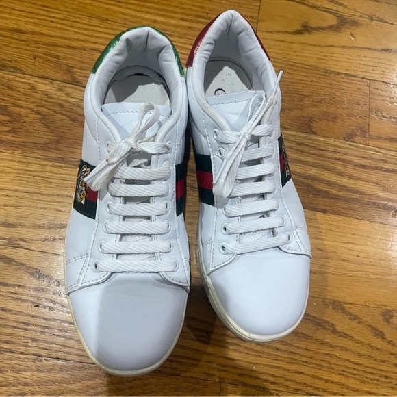 Gucci White Leather Sneakers with Green & Red Stripe and Gold Tiger Patch Sz 7.5 - Picture 16 of 16
